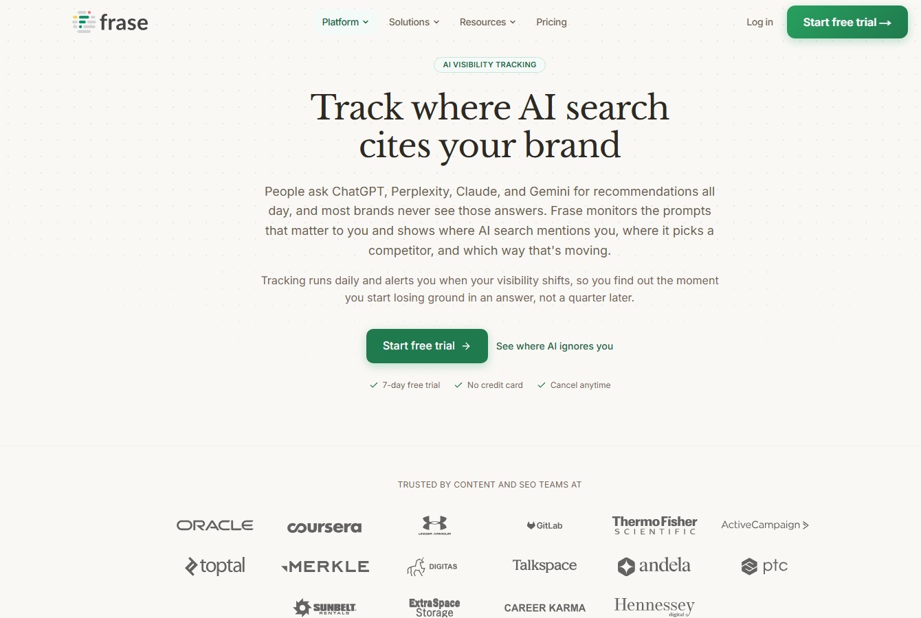 Frase AI visibility and citation tracking page