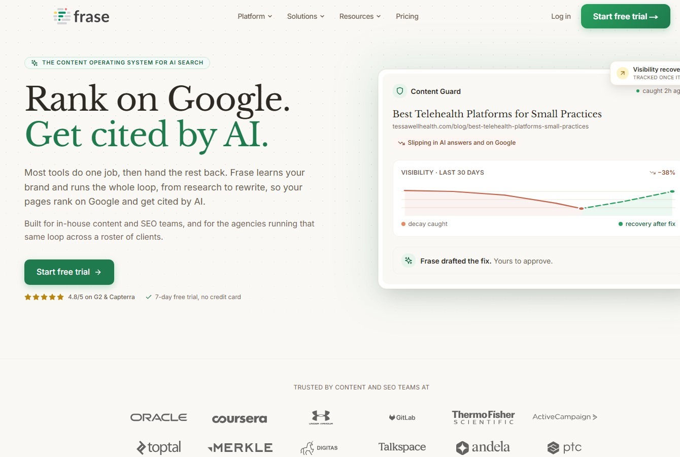 Frase SEO and GEO content platform public homepage