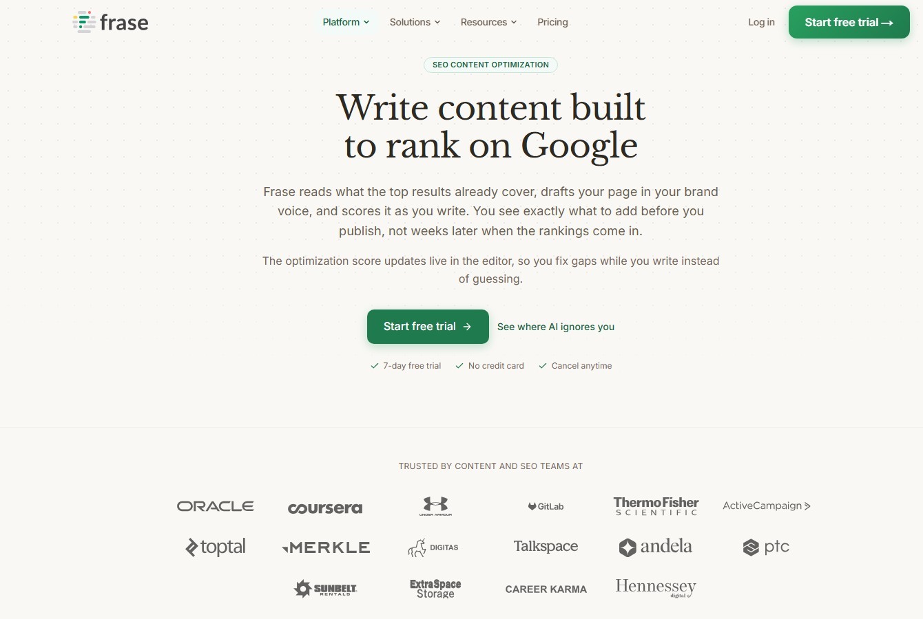 Frase public SEO content optimization feature page