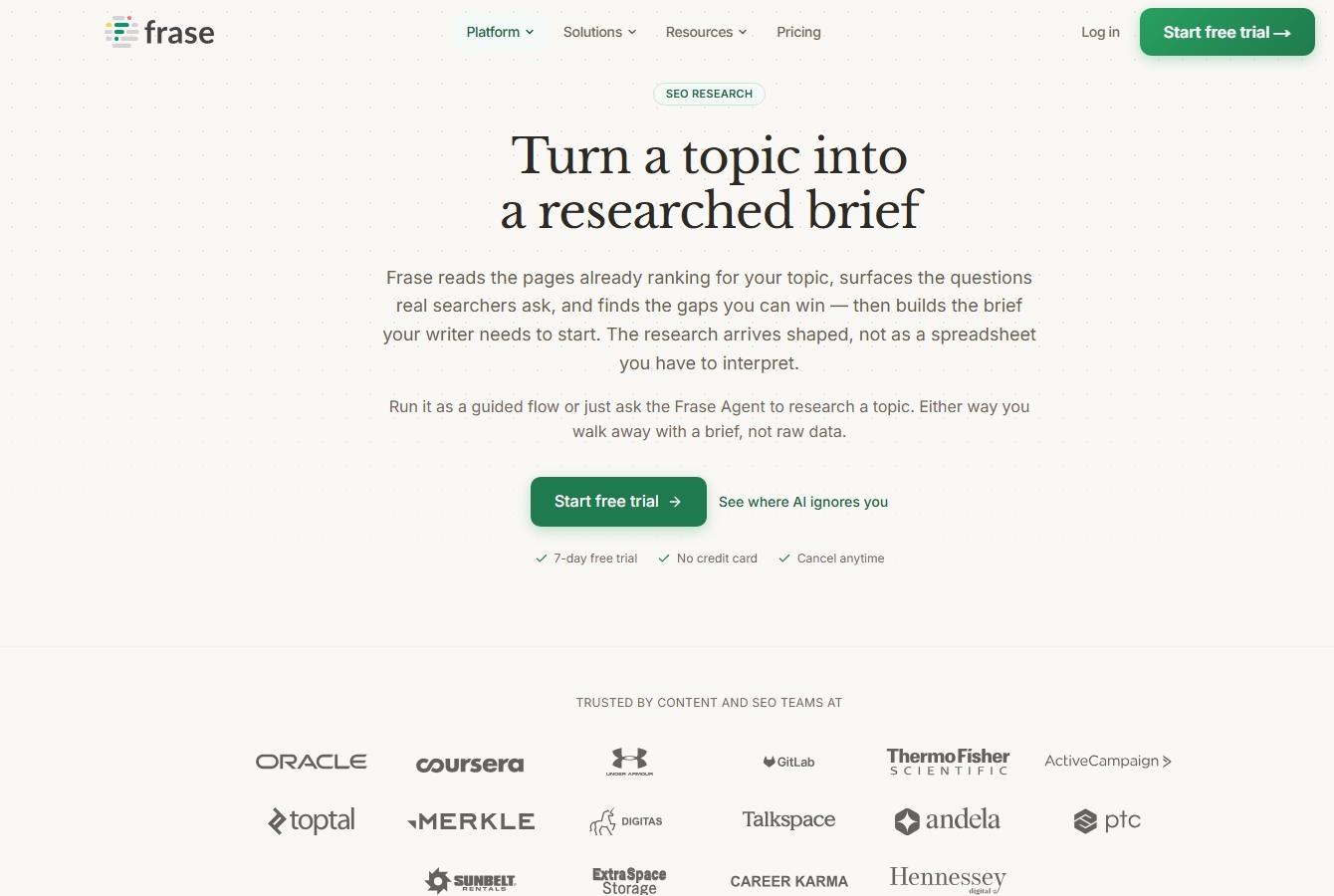 Frase public SEO Research feature page