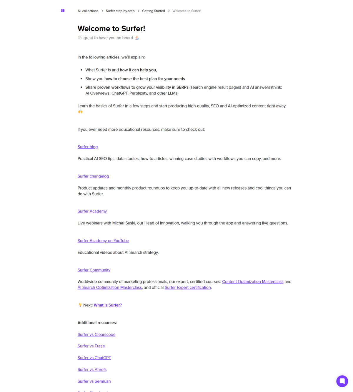 Surfer welcome help article
