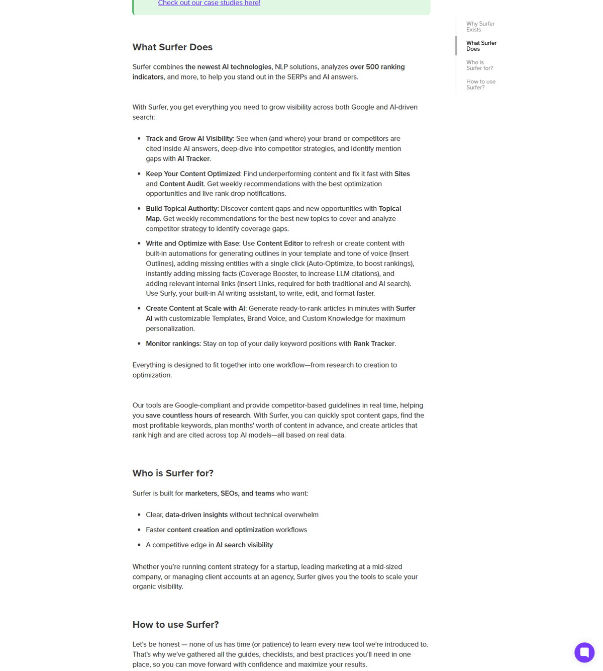 Surfer help article explaining the platform