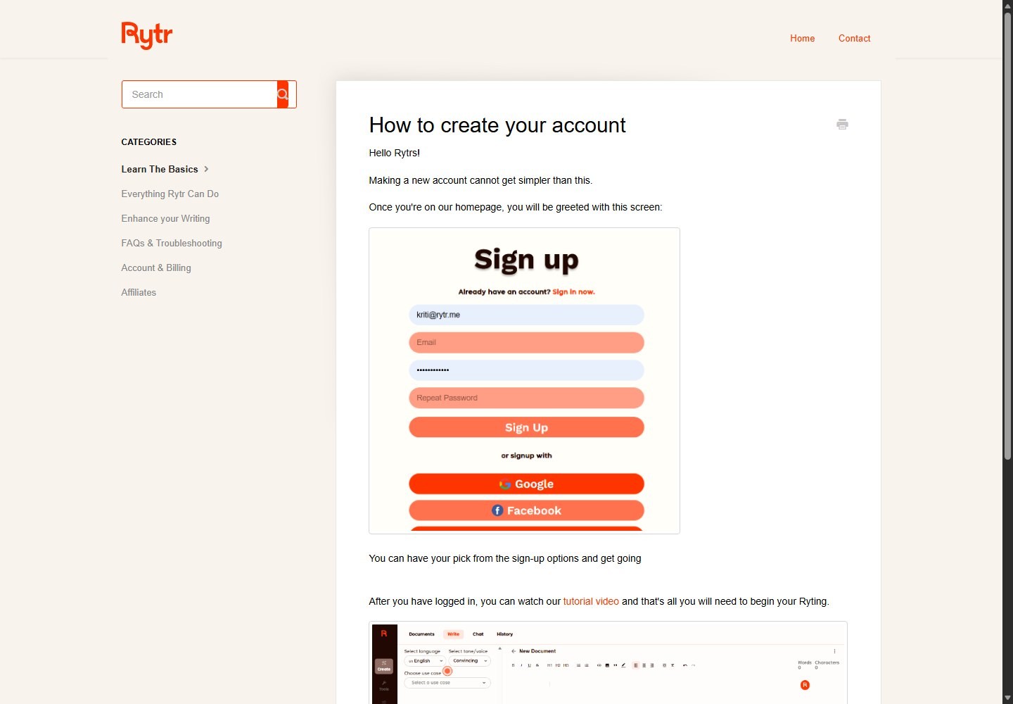 Rytr Help Center account creation guide with sign-up options