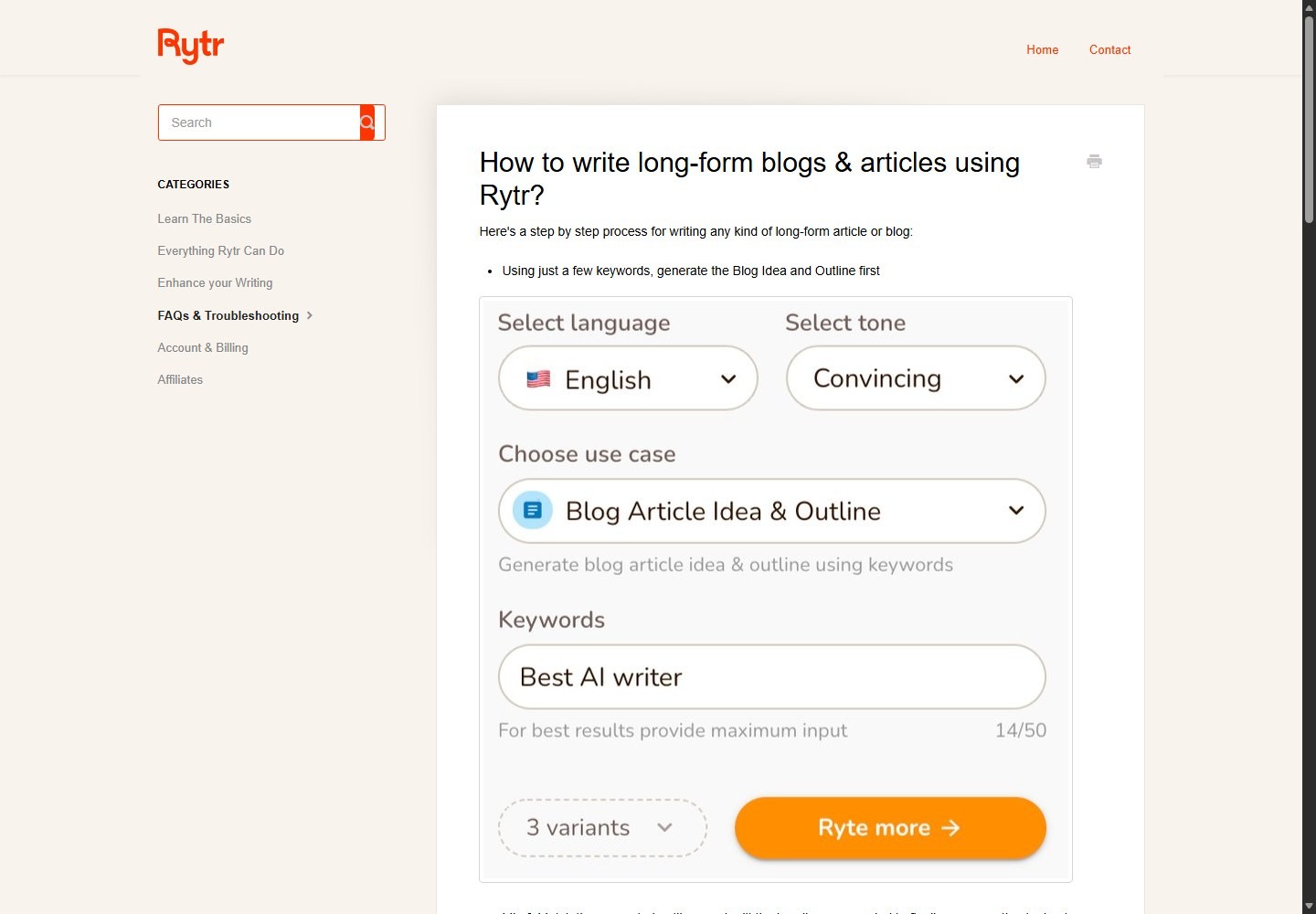 Rytr Help Center long-form workflow with language tone use case and keywords