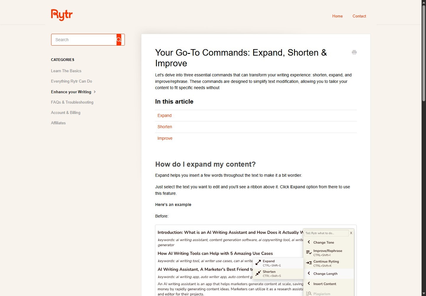 Rytr editor commands for expanding shortening and improving text