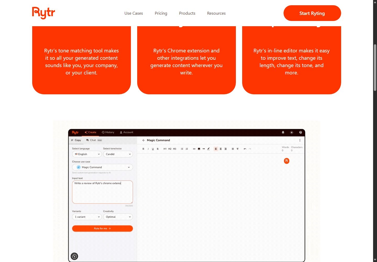 Rytr Magic Command interface with language tone input variants and creativity controls