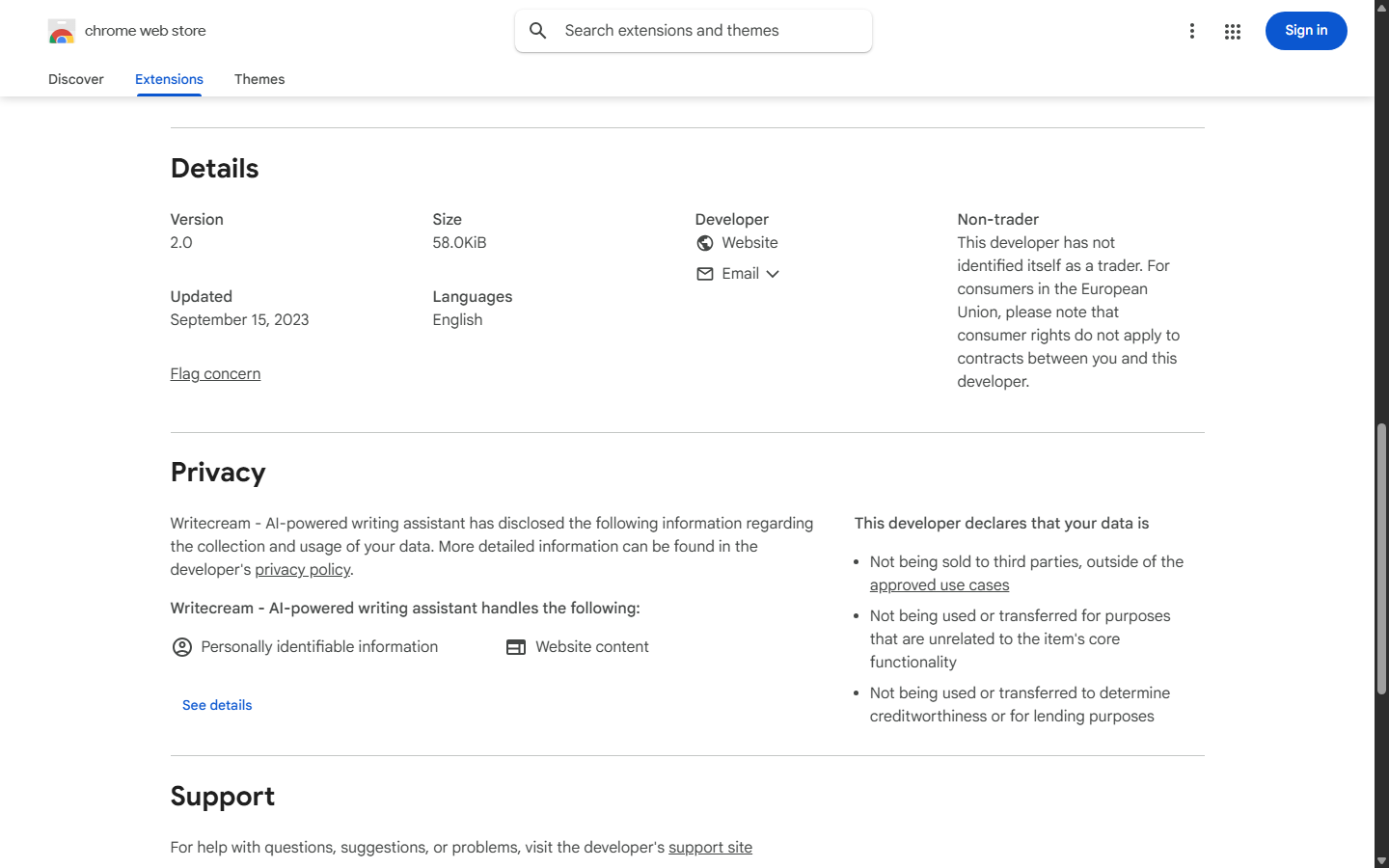 Chrome Web Store privacy details for the Writecream extension