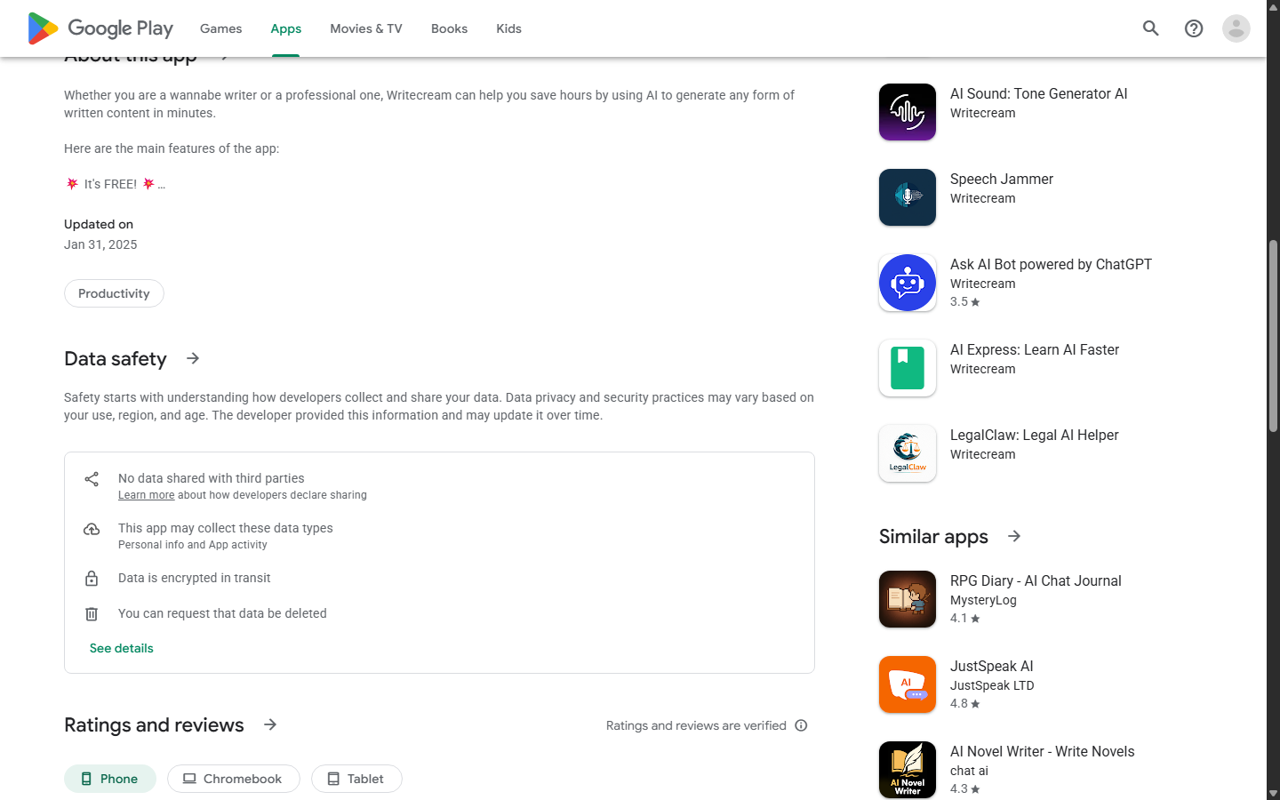 Google Play Data safety declarations for Writecream