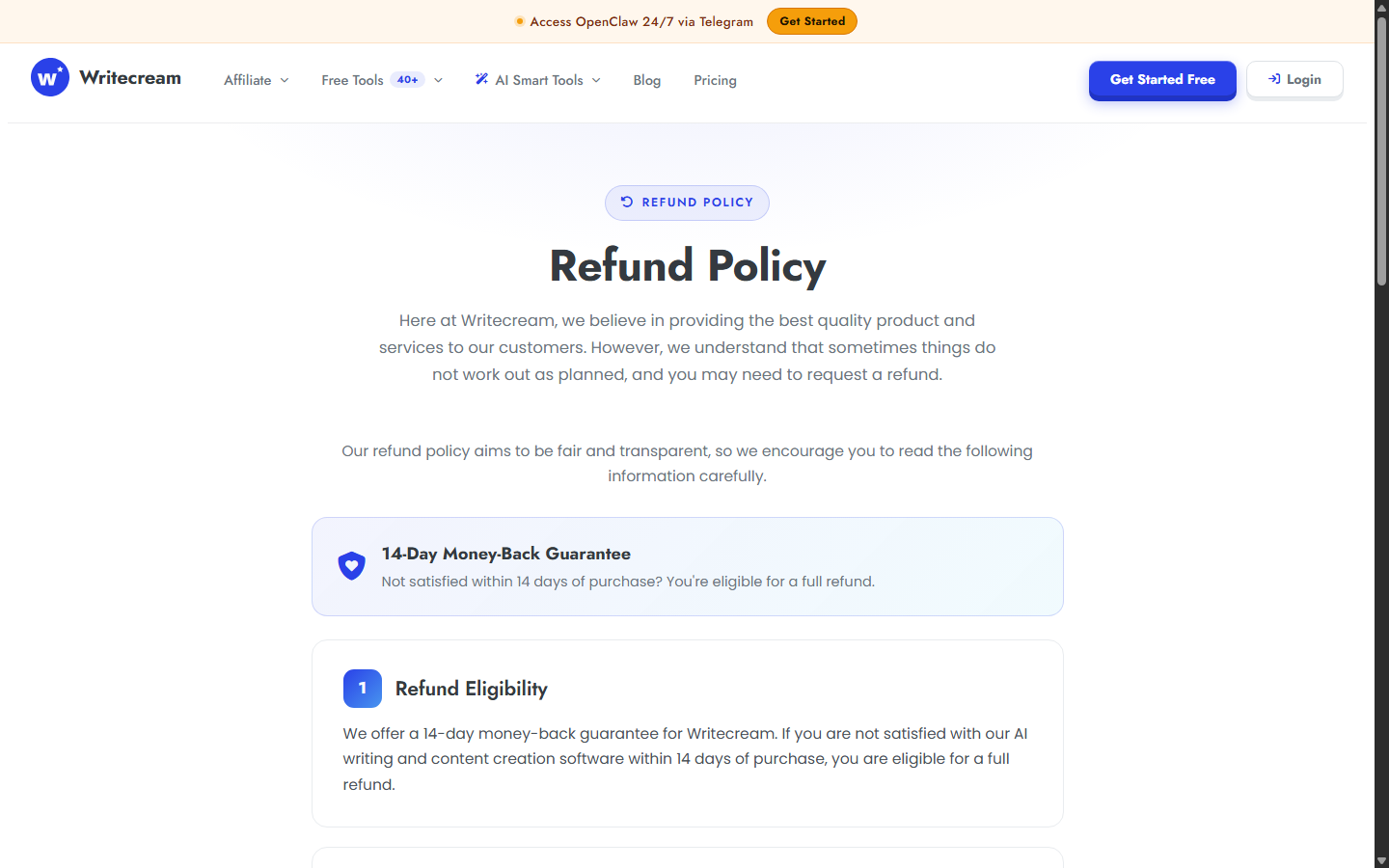 Writecream Refund Policy showing the 14-day guarantee