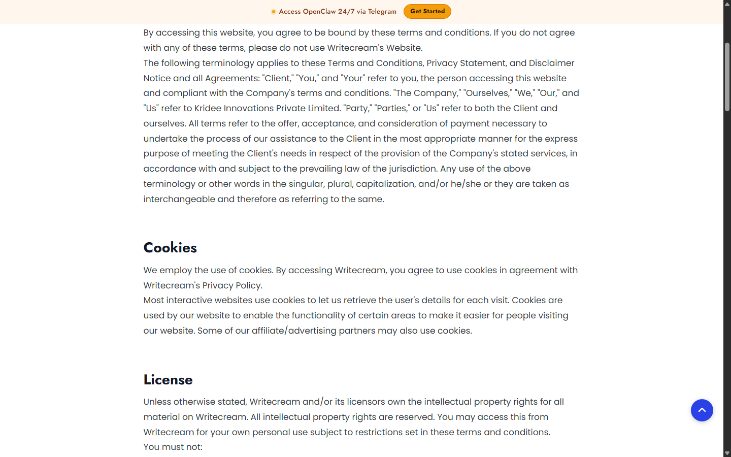 Writecream Terms of Service identifying Kridee Innovations Private Limited