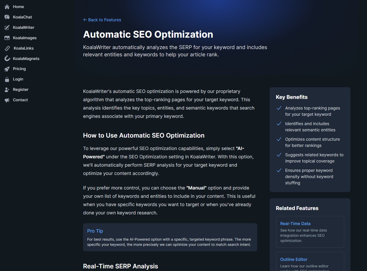 KoalaWriter Automatic SEO Optimization public feature page