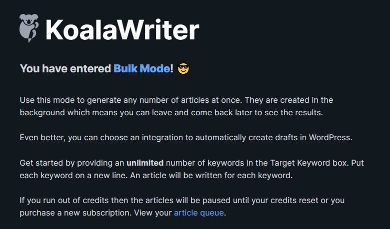 KoalaWriter Bulk Mode instructions in the public help center