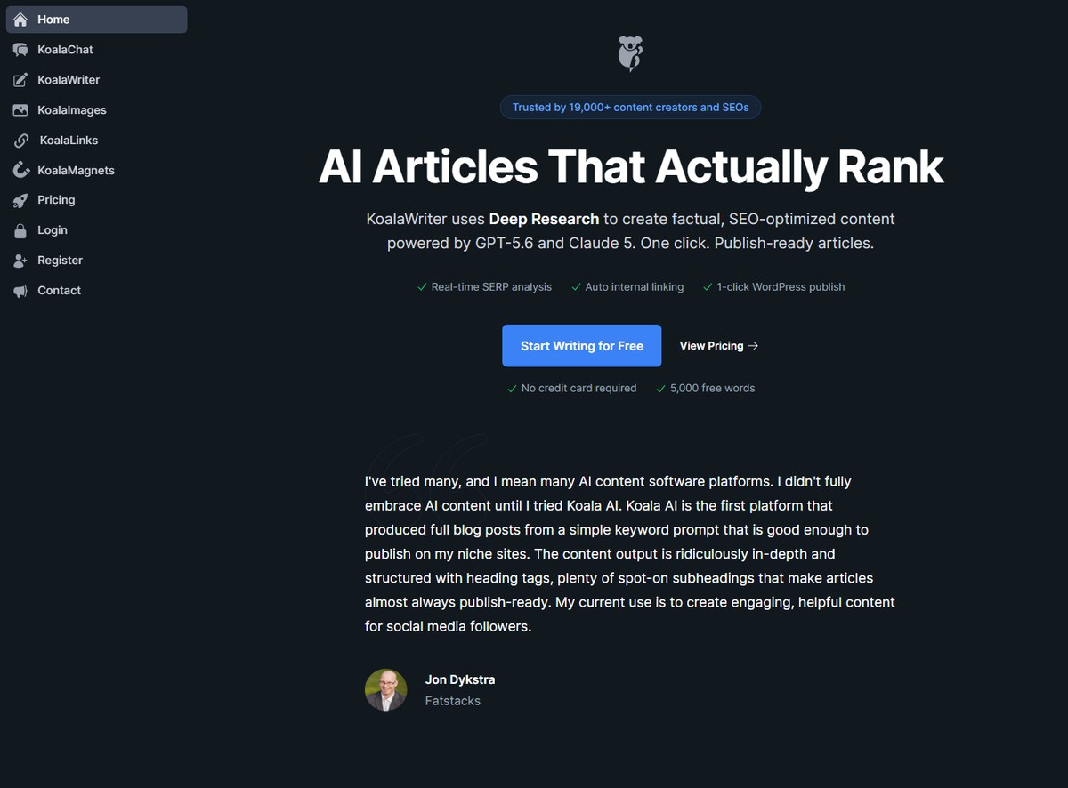 KoalaWriter homepage showing AI Articles That Actually Rank positioning