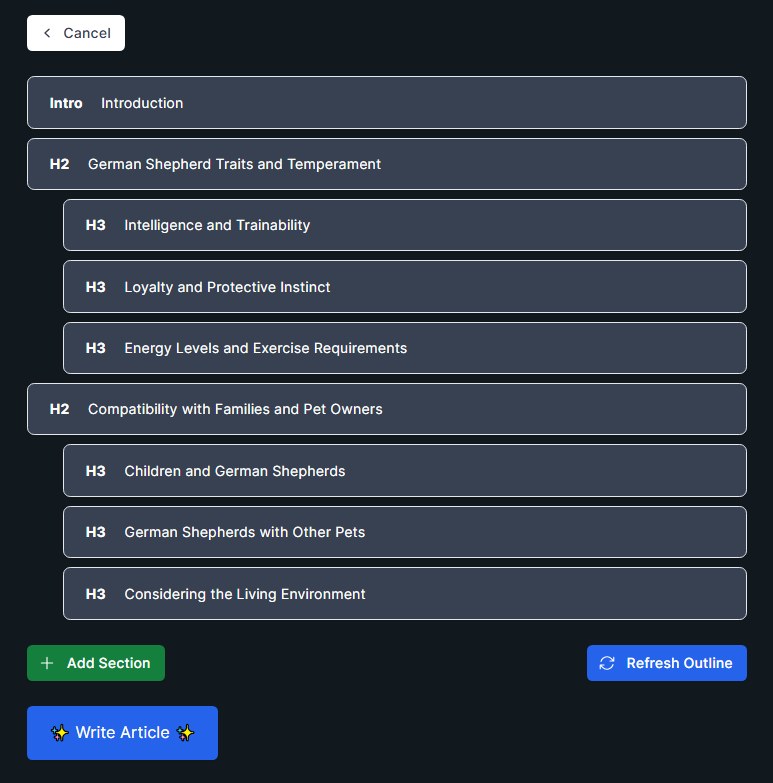 KoalaWriter Outline Editor with reorderable H2 and H3 sections