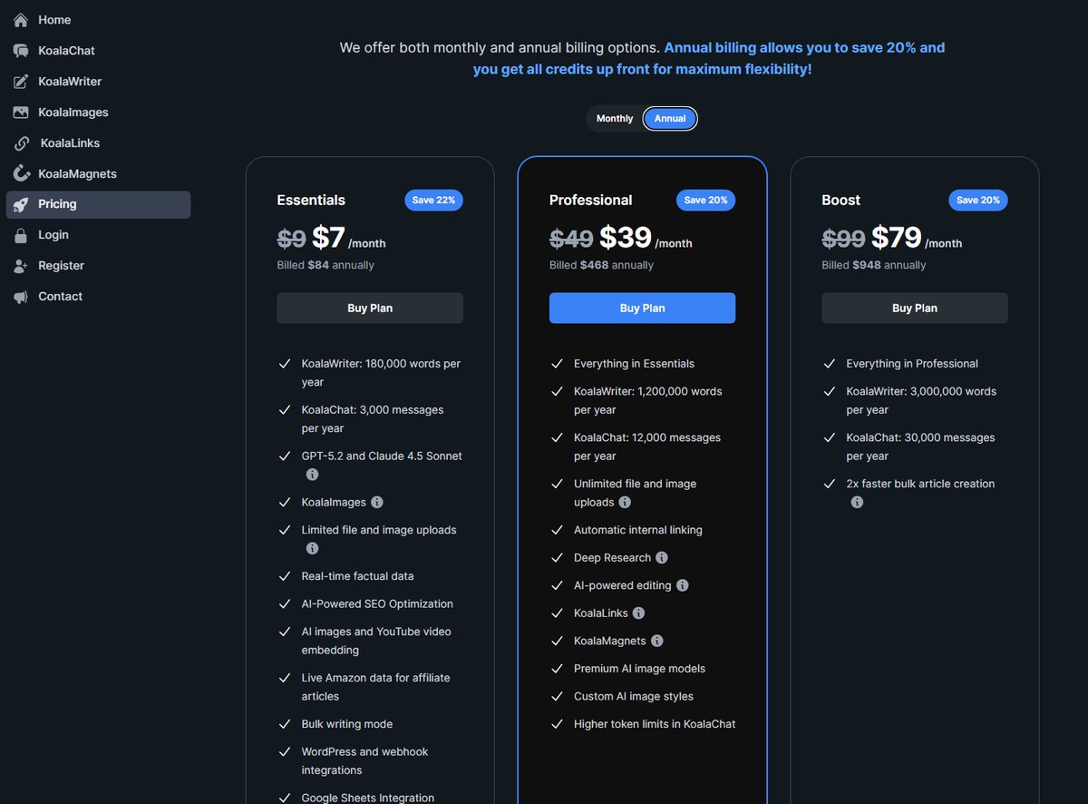 Koala pricing page with Annual selected and discounted monthly equivalents