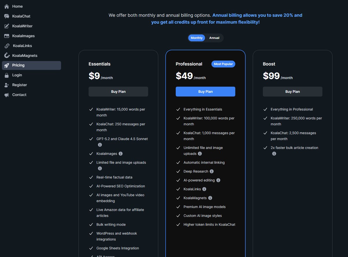 Koala pricing page with Monthly selected and Essentials, Professional, and Boost plans