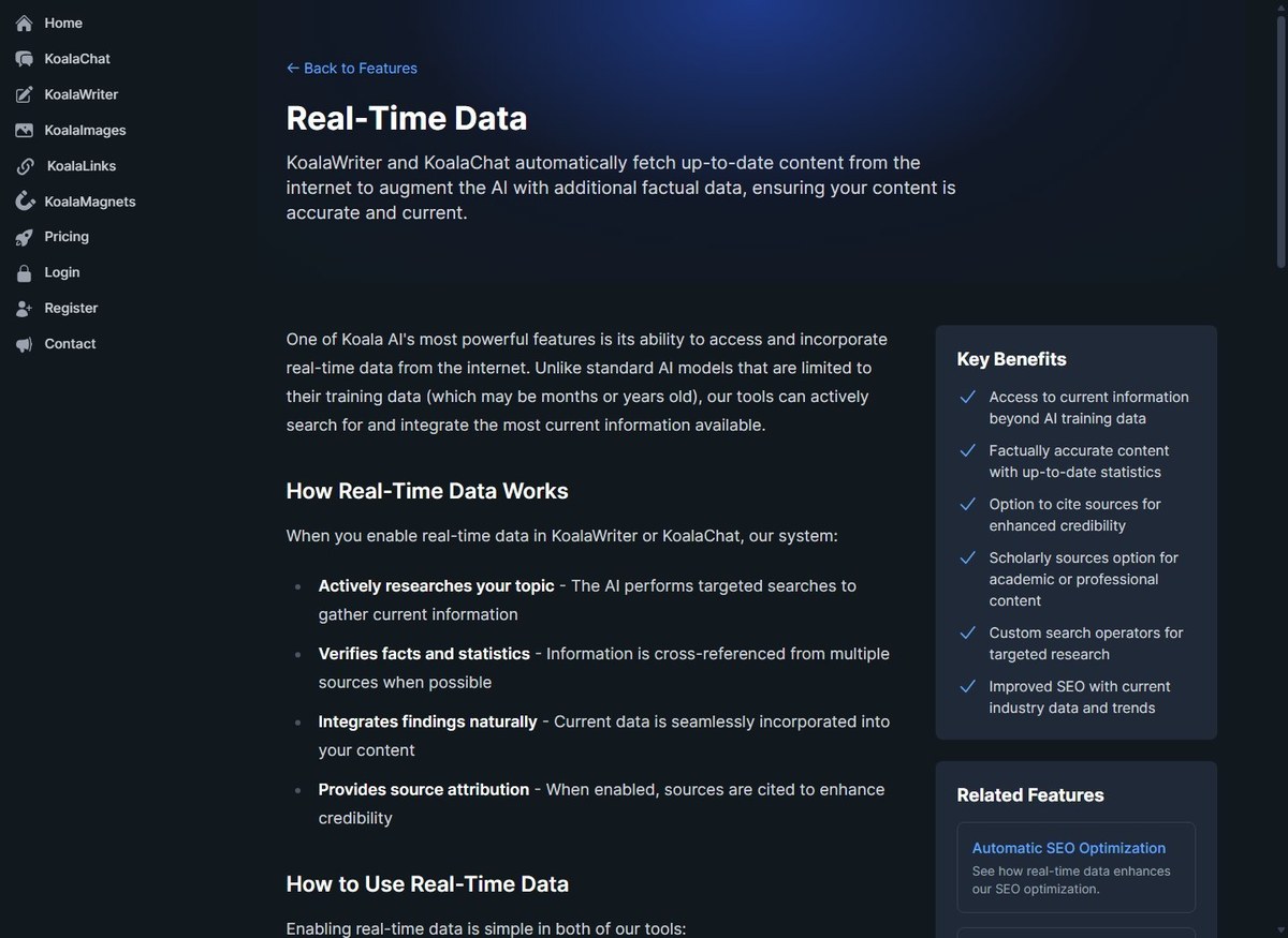 KoalaWriter Real-Time Data public feature page