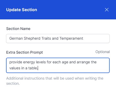 KoalaWriter section editor with an extra section prompt field