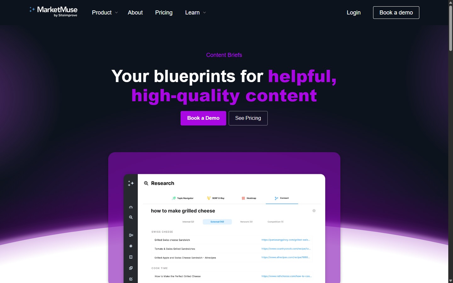 MarketMuse Content Briefs page with Research interface mockup