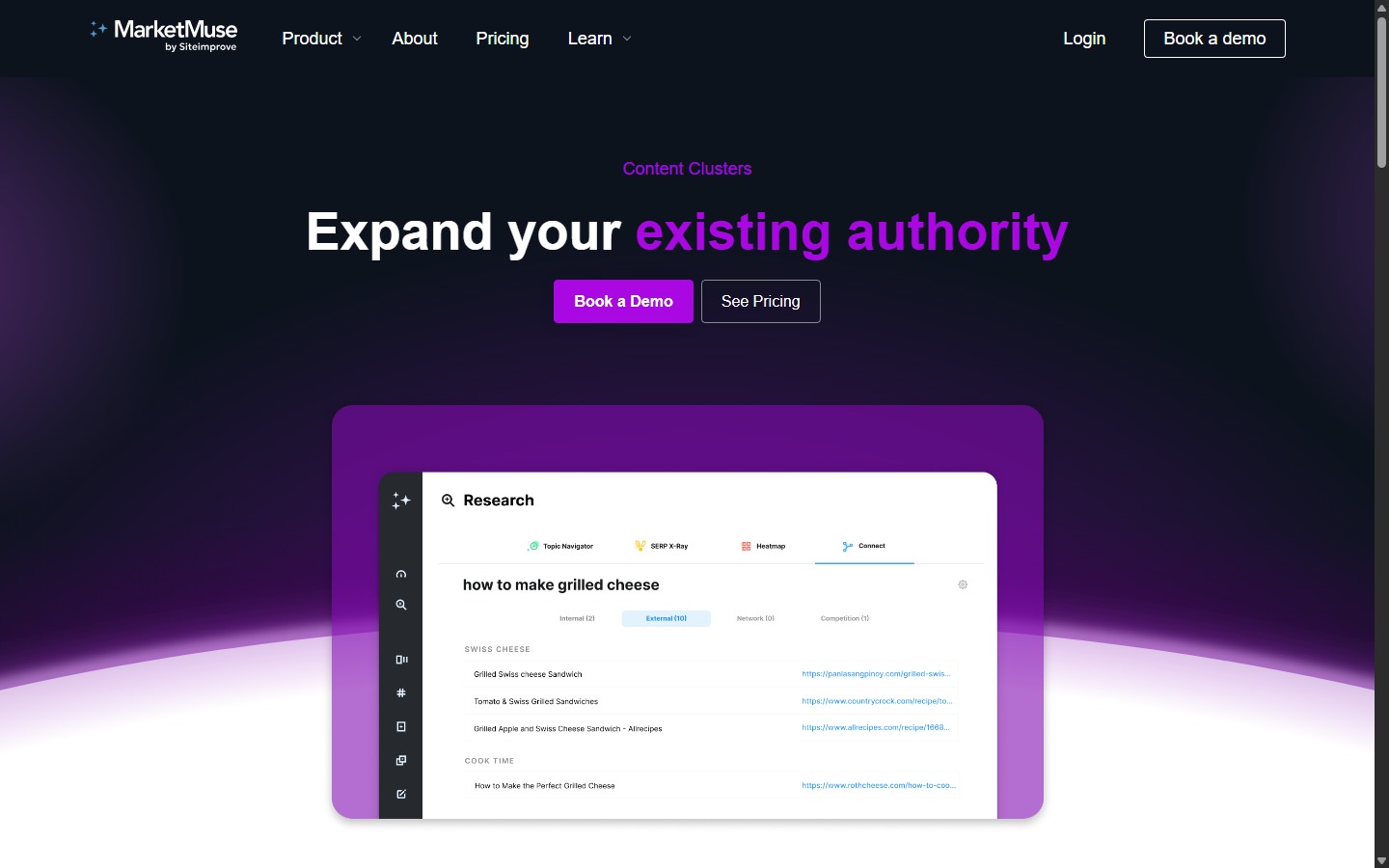 MarketMuse Content Clusters page with Research interface mockup