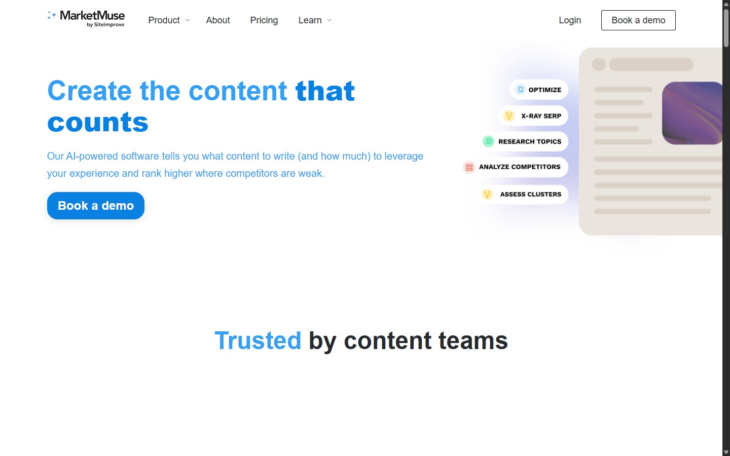 MarketMuse AI content planning and optimization homepage