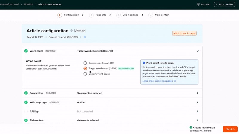 POP AI Writer article configuration workflow with word count and competitors