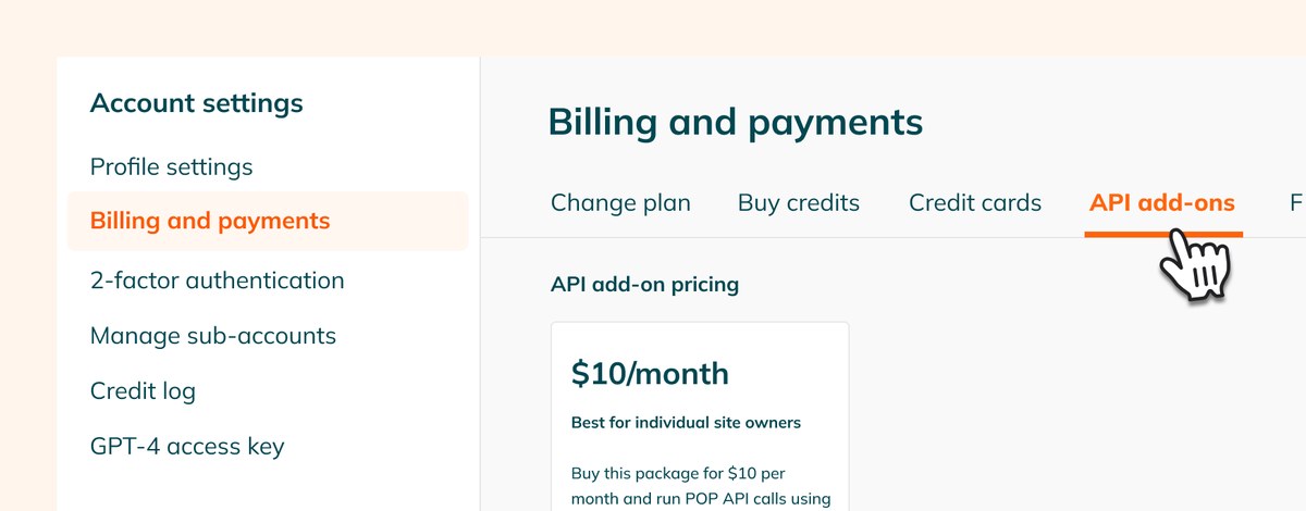 PageOptimizer Pro account settings showing the API add-on