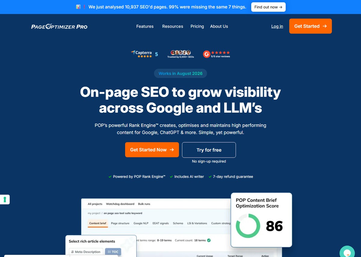 PageOptimizer Pro homepage positioning POP for Google and AI search visibility