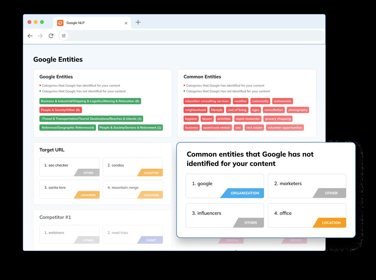 PageOptimizer Pro Google NLP entity comparison interface