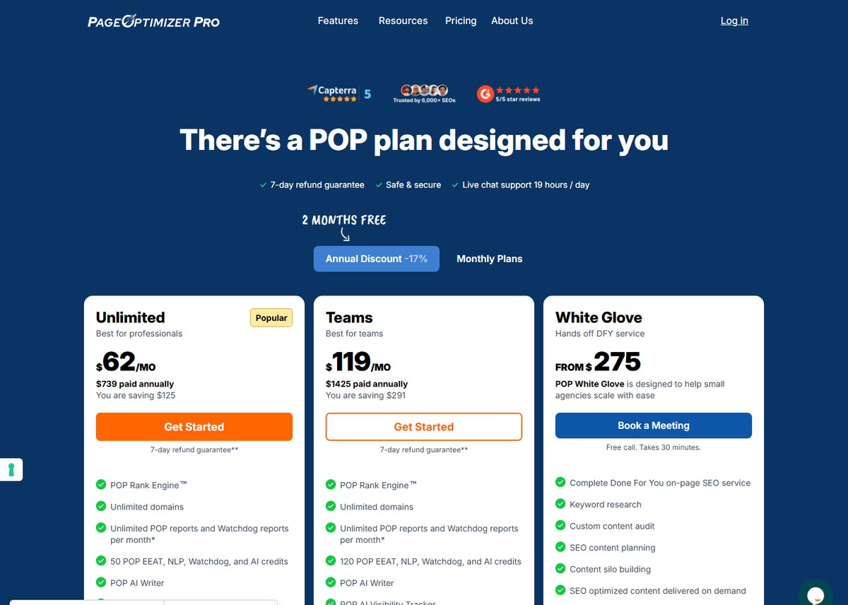 PageOptimizer Pro annual pricing with Unlimited and Teams plans