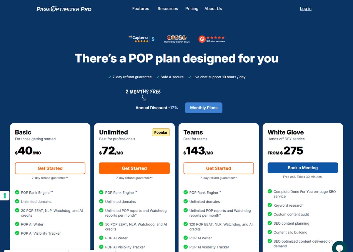 PageOptimizer Pro monthly pricing with Basic, Unlimited, Teams, and White Glove