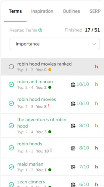 Robinize detailed report showing terms and competitor content guidance