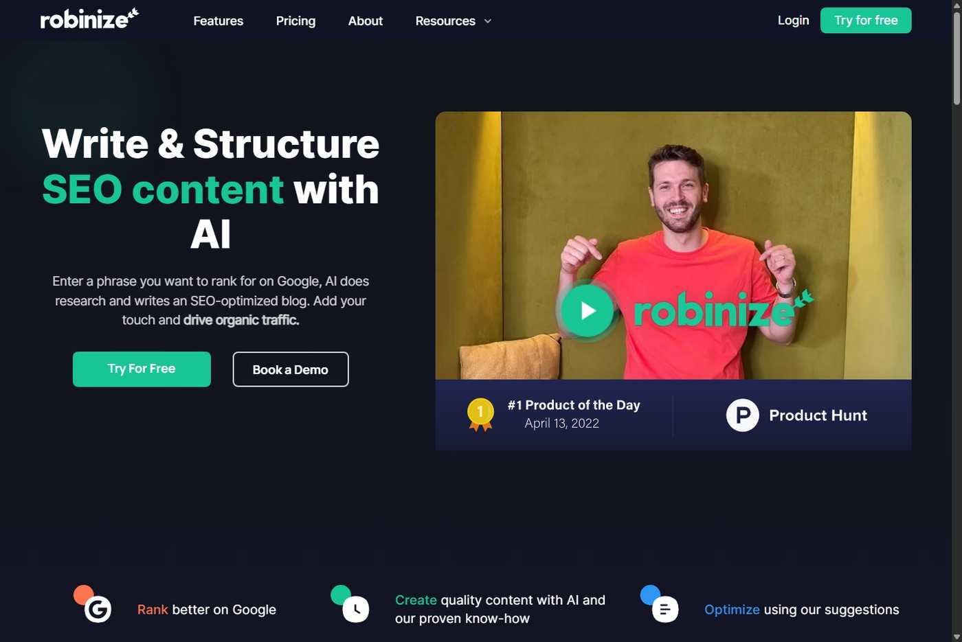 Robinize homepage for AI-assisted SEO content research and writing