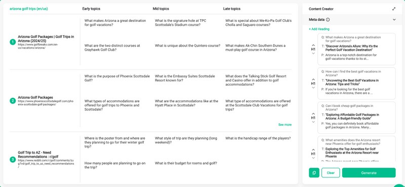 Robinize outline builder for selecting competitor questions and generating sections