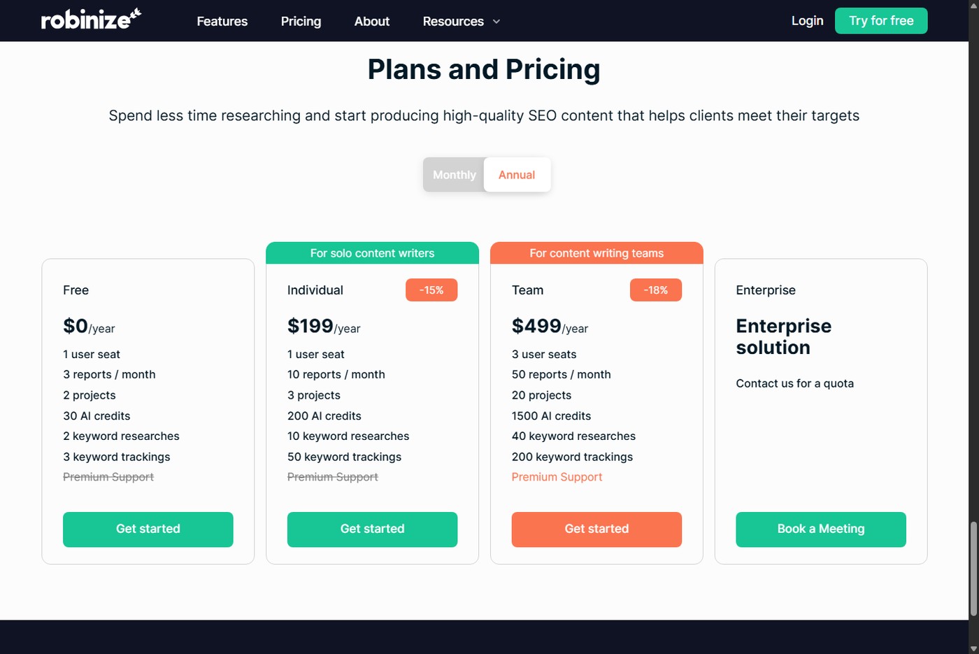 Robinize annual pricing with Individual and Team plan totals