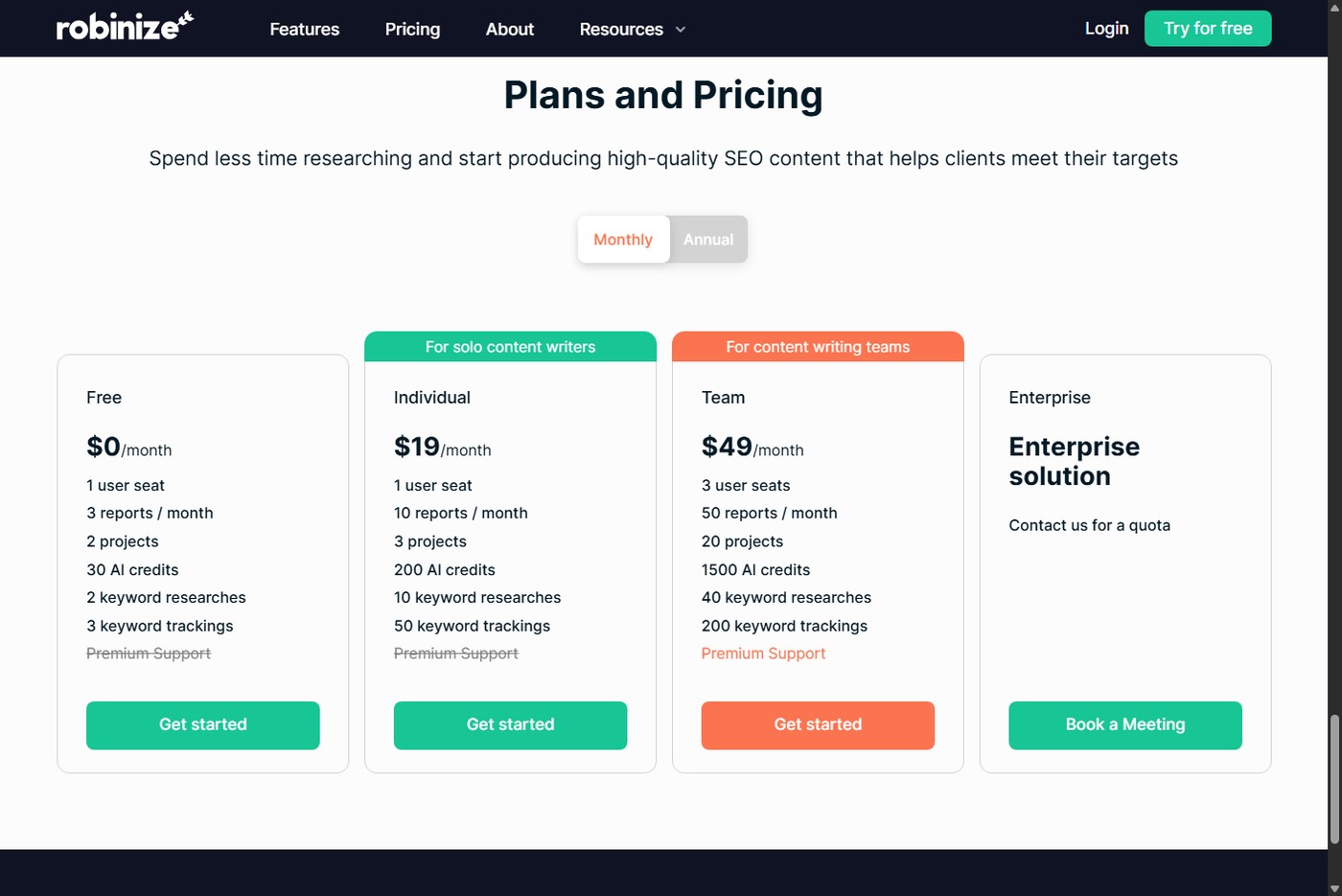 Robinize monthly pricing with Free, Individual, Team, and Enterprise plans