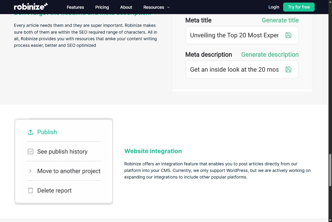 Robinize website integration section documenting direct WordPress publishing
