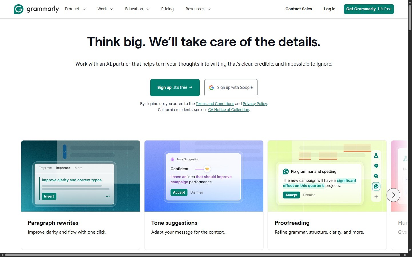 Grammarly homepage AI writing and editing assistance
