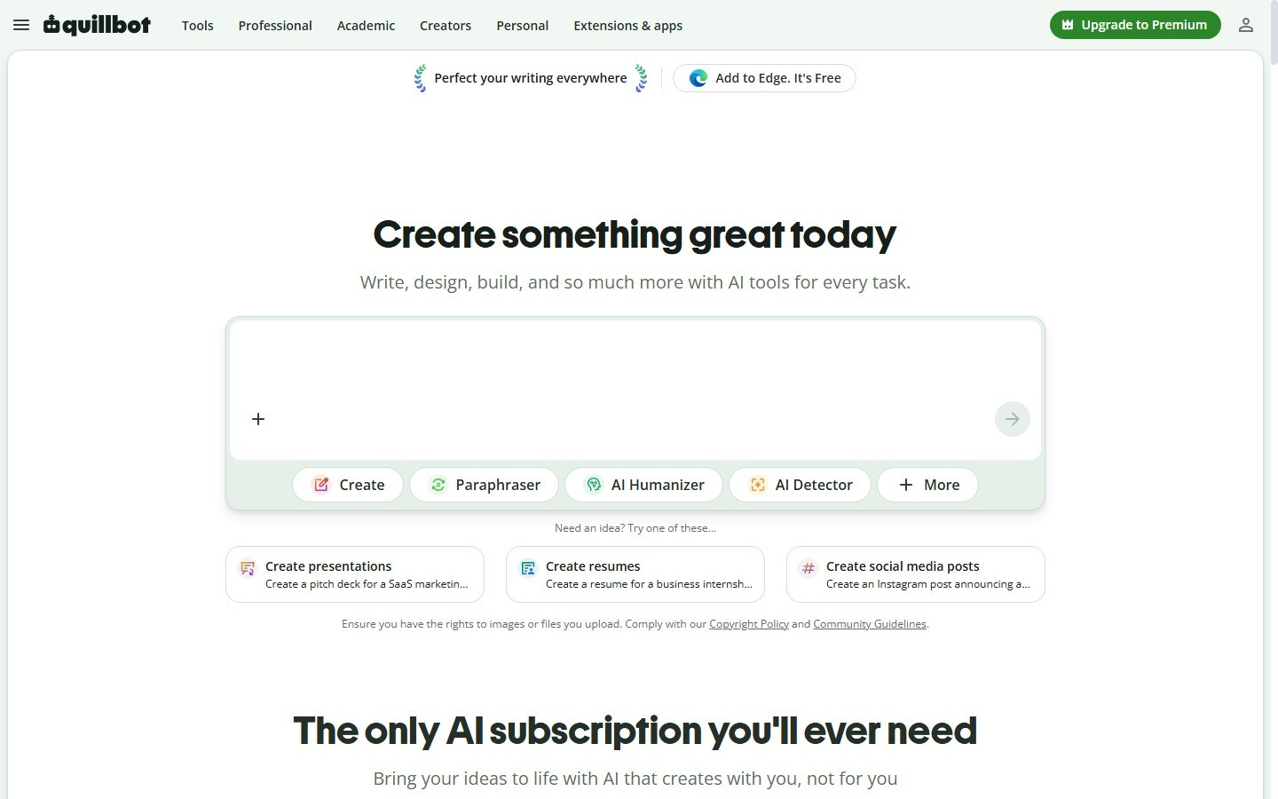 QuillBot homepage paraphrasing and document tools