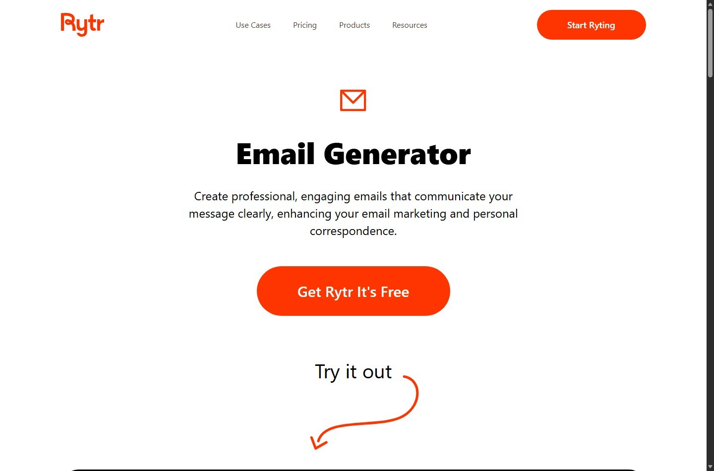 Rytr email writing use case page for generating email copy