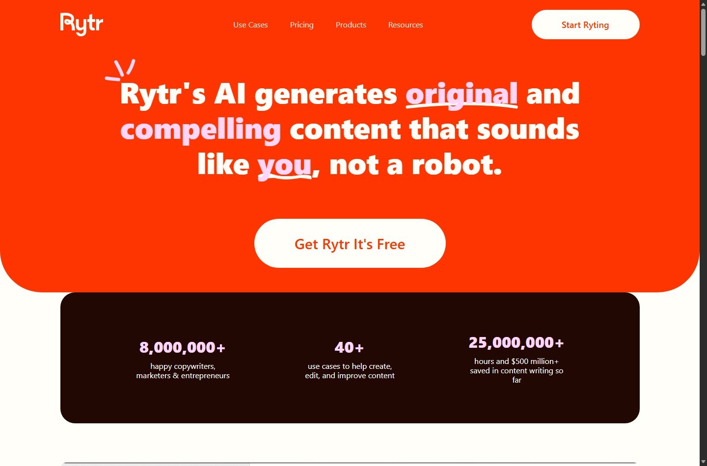 Rytr official homepage showing writing assistant positioning