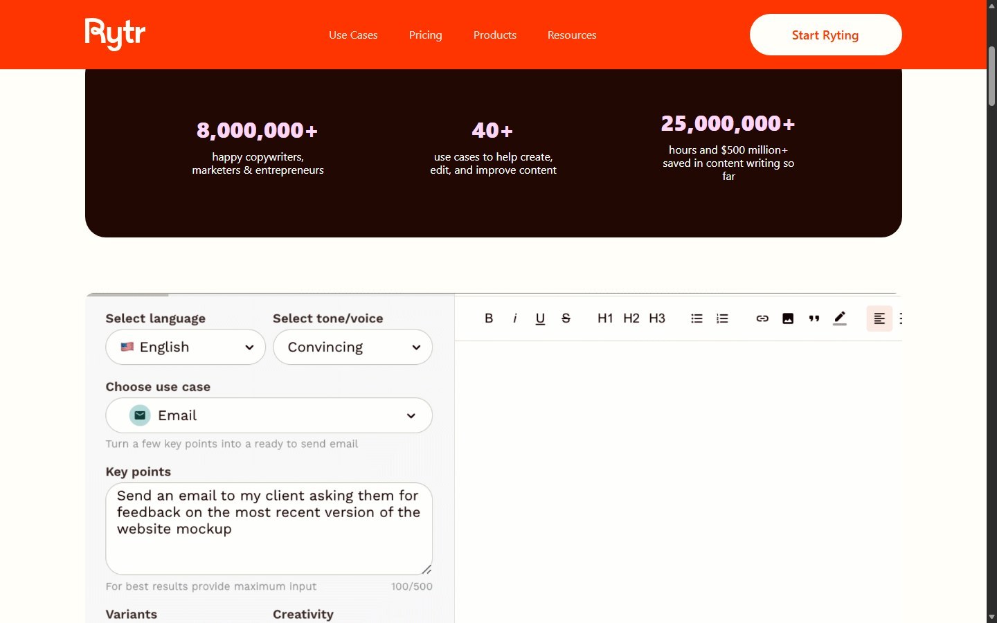 Rytr homepage for budget AI writing and marketing copy