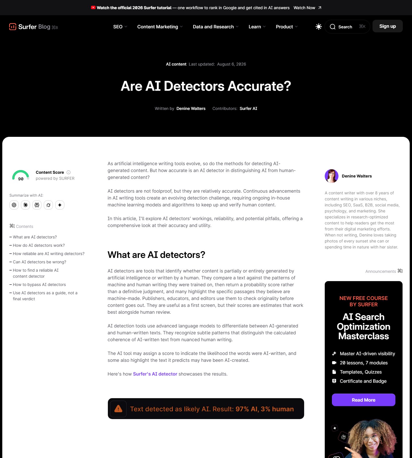 Surfer accuracy guide explaining probability scores and detector limitations