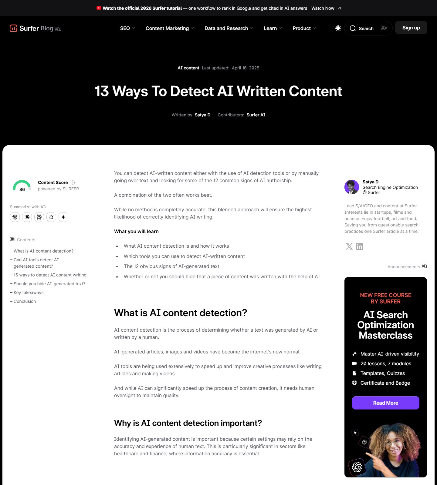 Surfer article demonstrating how to detect and review AI-like content