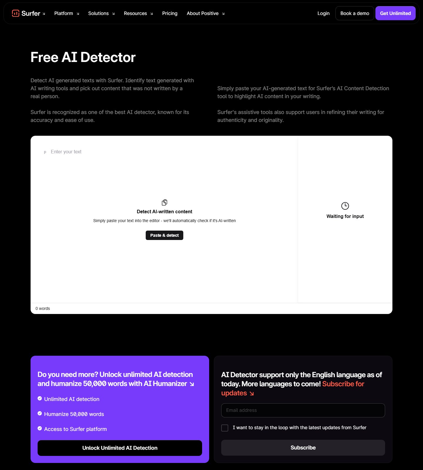 Surfer SEO AI Content Detector page with the public detection interface