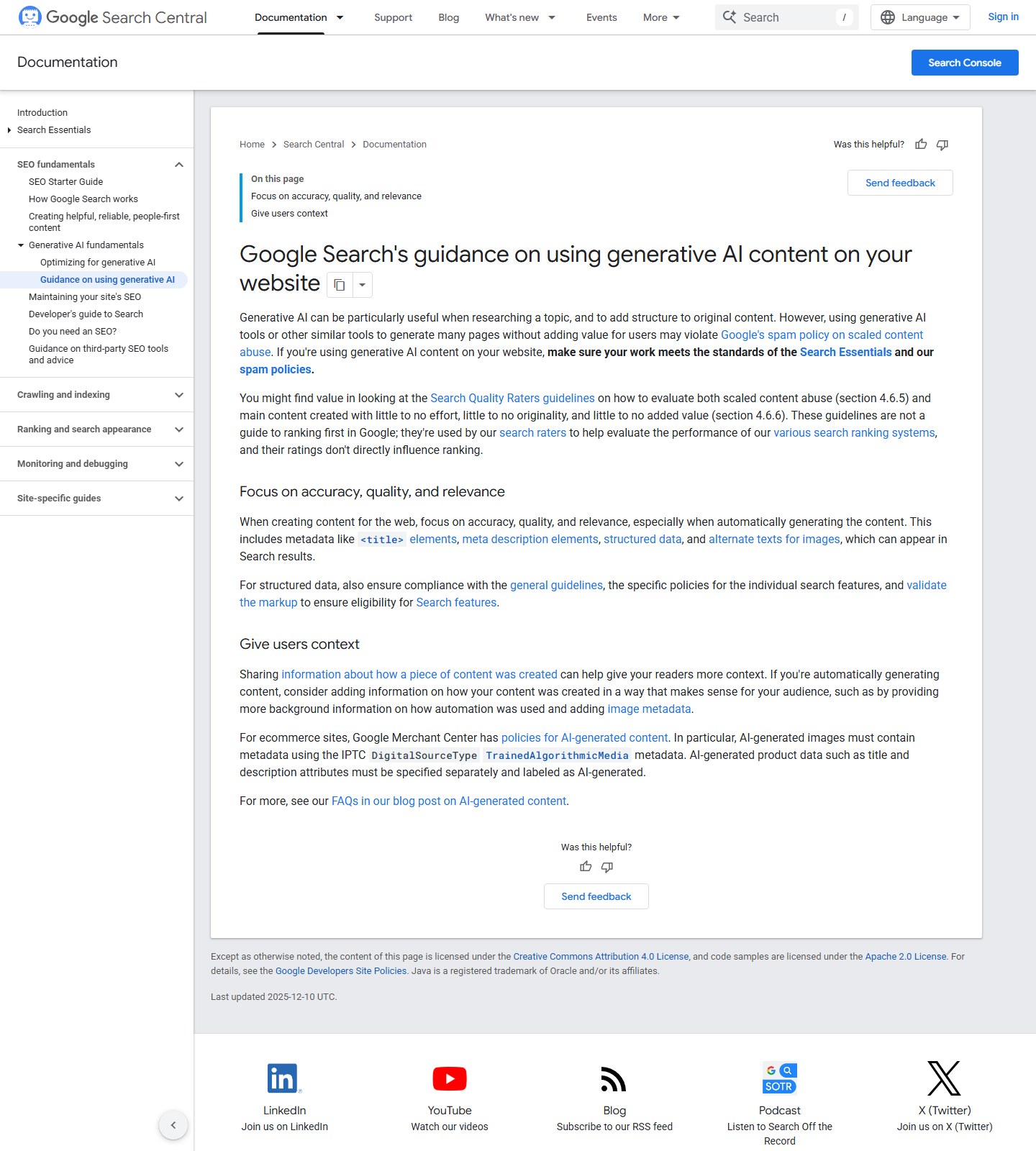 Google Search guidance emphasizing accuracy, quality, relevance, and responsible use of generative AI