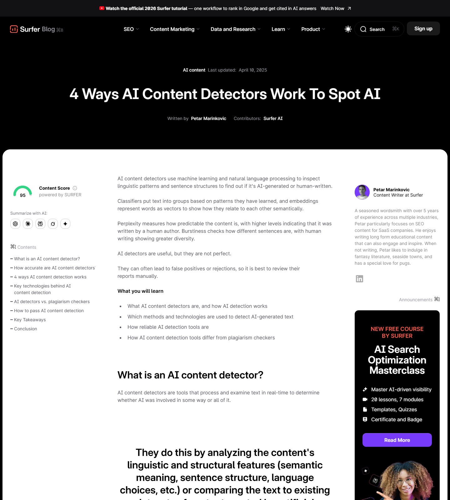 Surfer guide explaining how AI content detectors evaluate text patterns