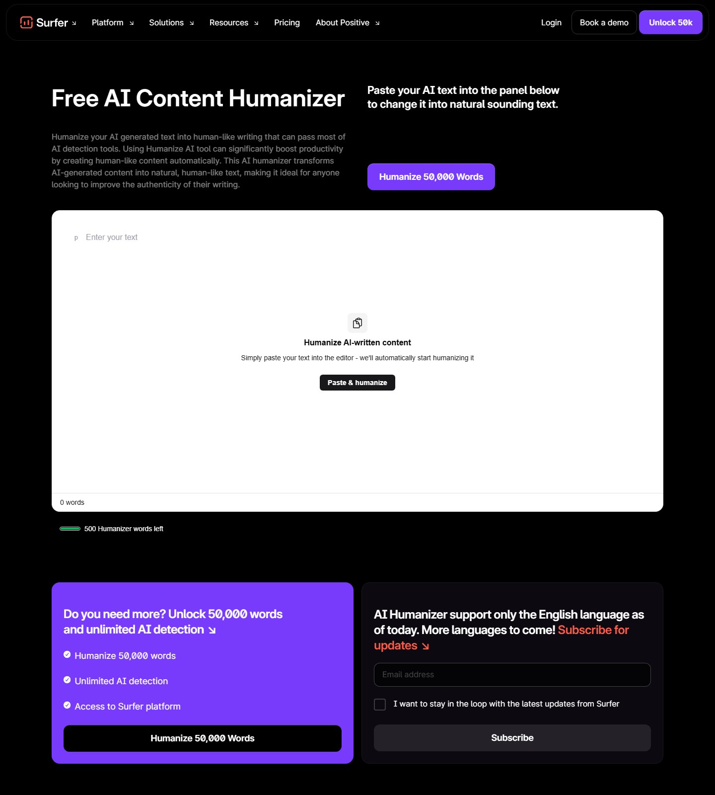 Surfer AI Humanizer page showing its rewrite workflow