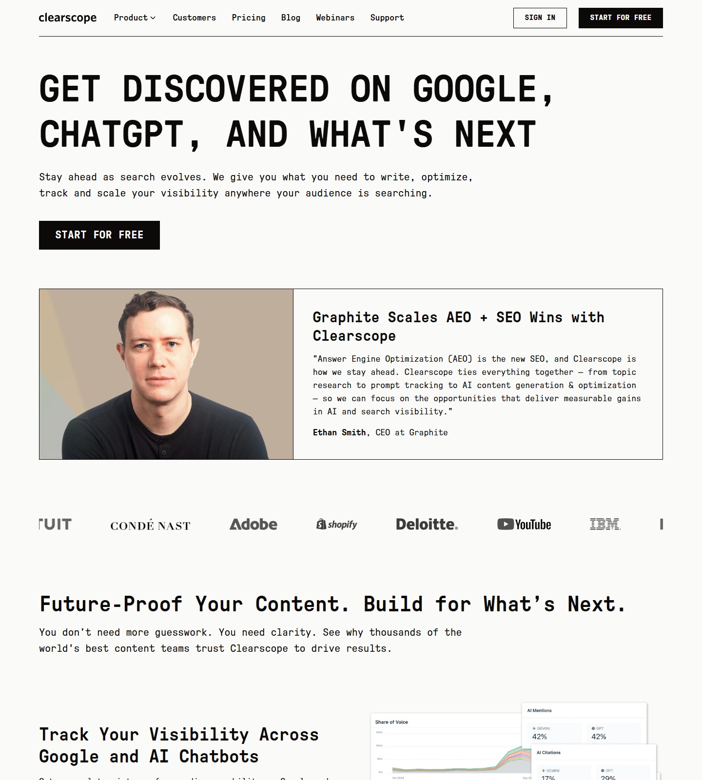 Clearscope homepage positioning Google and AI search visibility