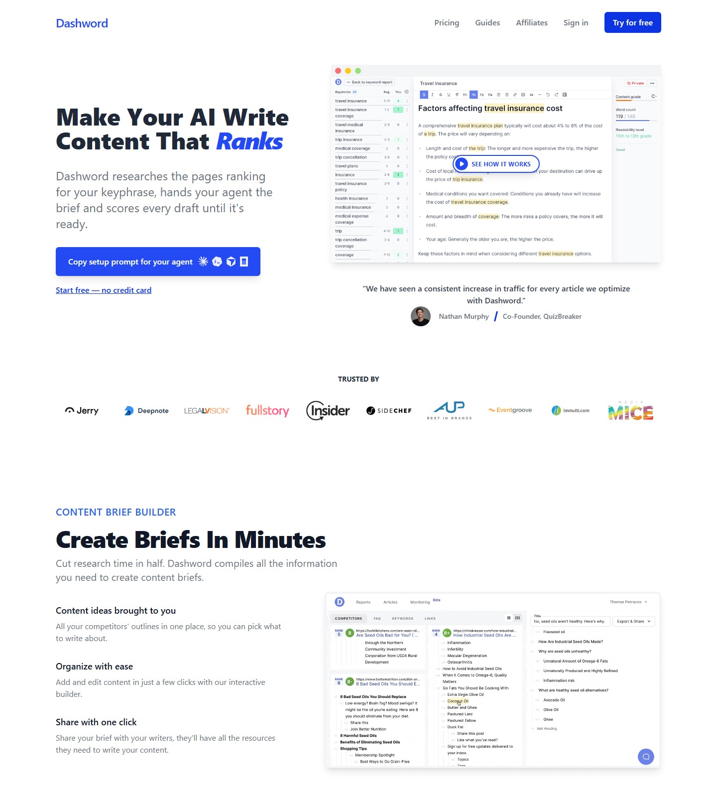 Dashword homepage showing report, brief, and content-scoring workflow
